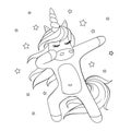 Cute dabbing unicorn. Black and white vector illustration for coloring book